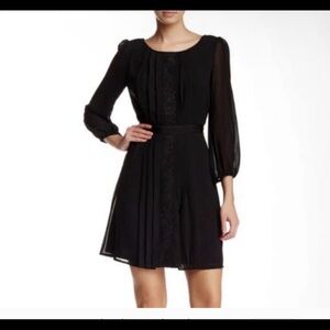 Jessica Simpson Womens pleated fit&flare dress long sleeve solid black 6 chiffon